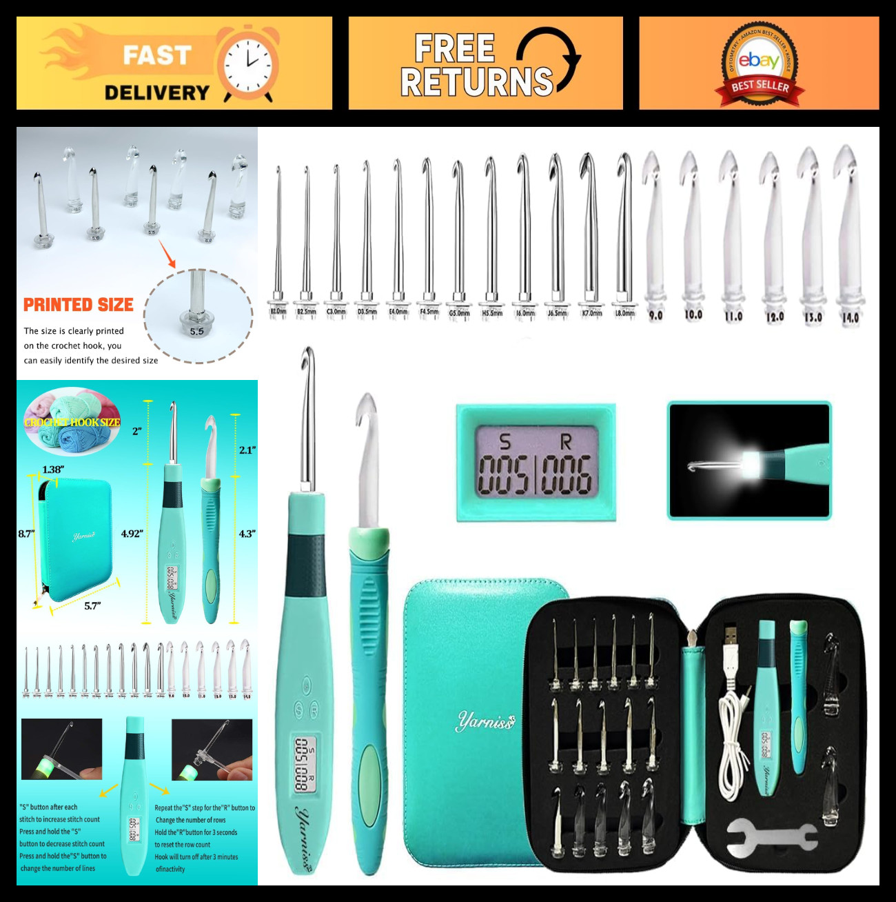 18 Size Crochet Hooks Set with Light & Digital Counter, Case Included (2.0mm-14.