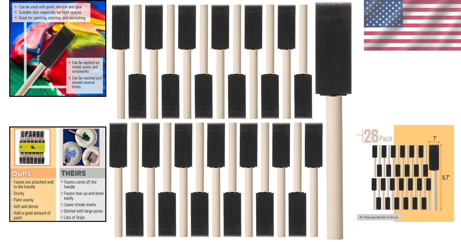 Bates Foam Paint Brushes 26 Pack 1 Inch Foam Brush Set for Crafts Painting Va…