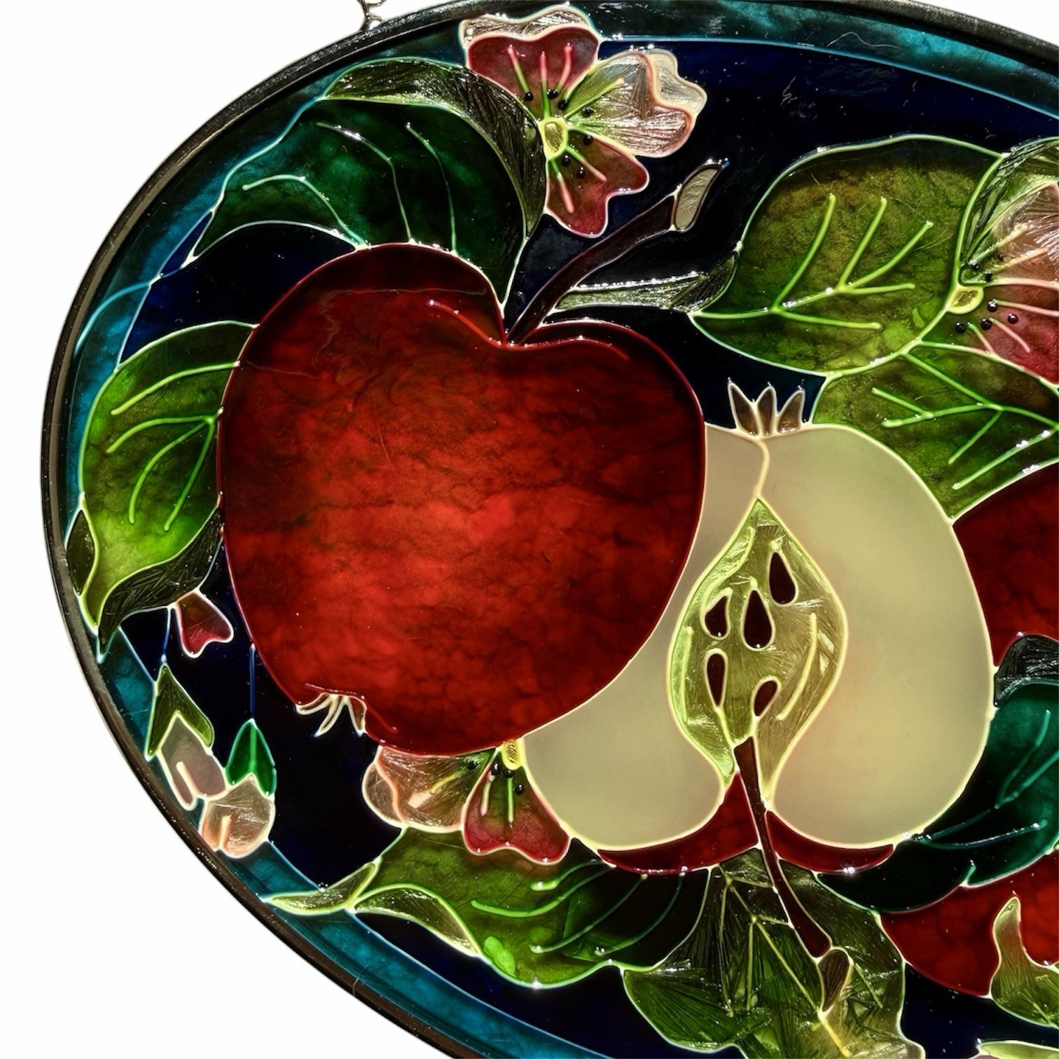 AMIA Stained Glass Suncatcher Apple Blossom Floral Fruit Hand Painted 7”x5.25”