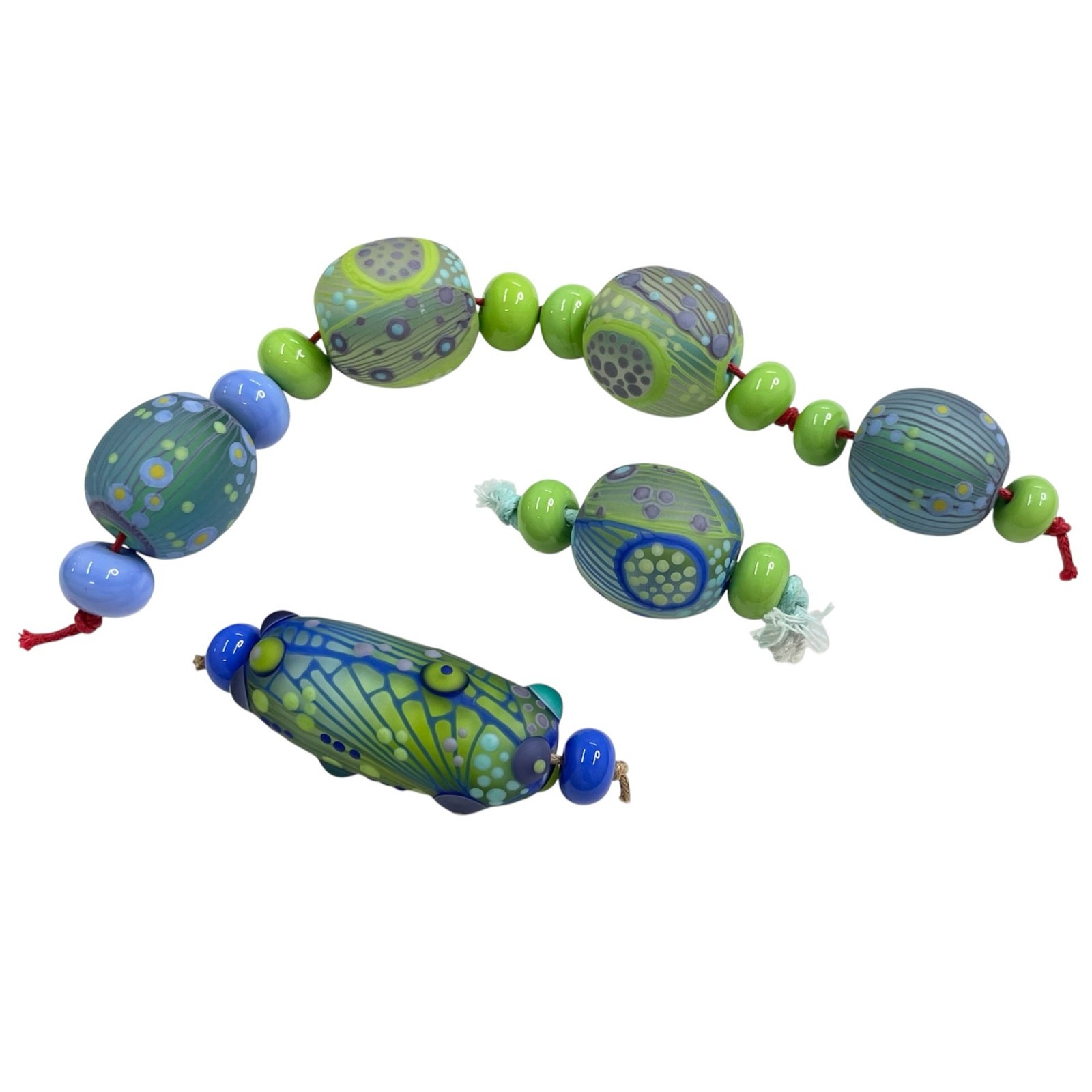 Handmade Lampwork Green Blue Abstract Etched Matte Glass Bead Set-Jewelry Making