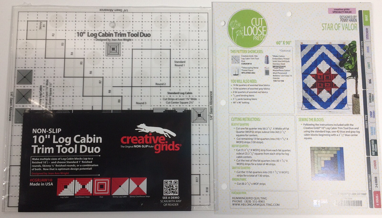 Creative Grids 10″ Log Cabin Trim Tool Duo + Free Quilt Pattern 10 1/2″X10 1/2″