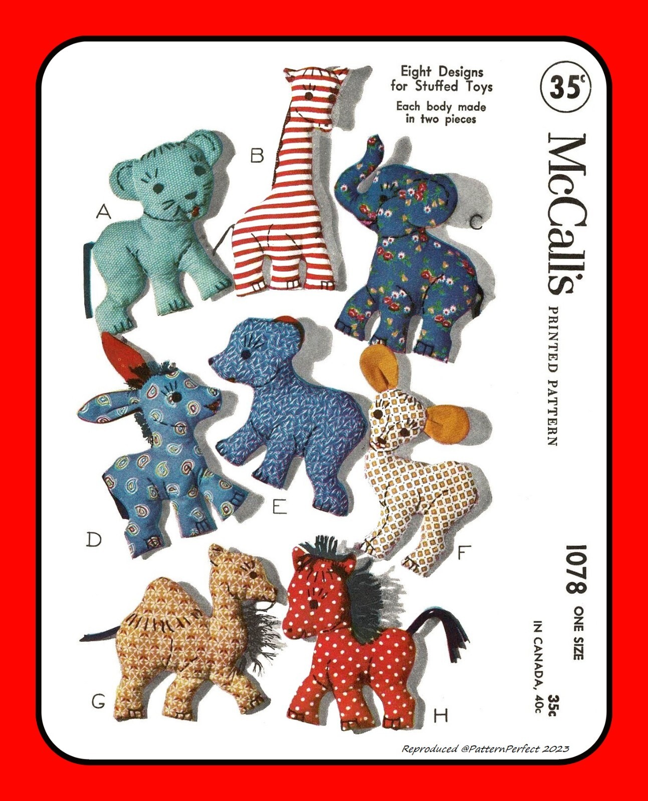 Eight Assorted Stuffed Animals Toys McCall’s 1078 VTG 1943 Craft Sewing Pattern