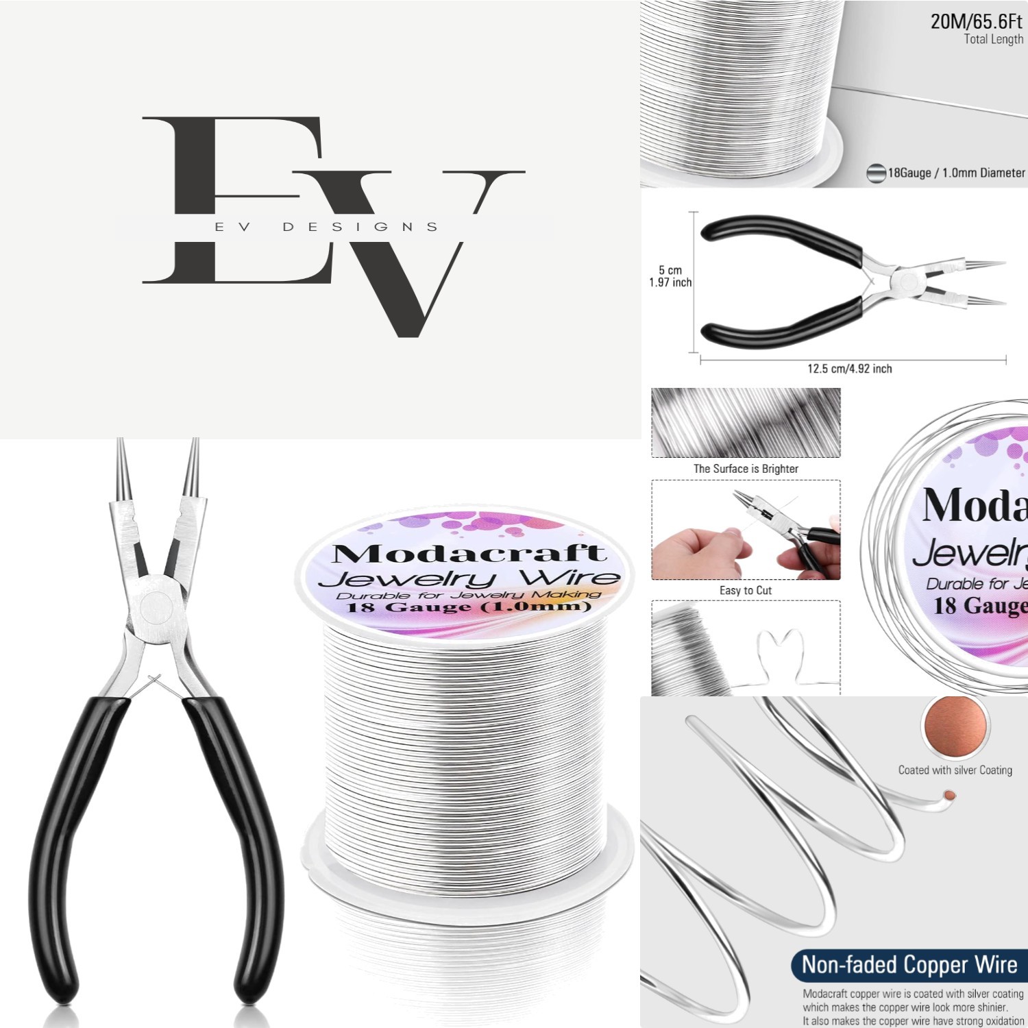 18 Gauge 65FT Silver Wire & Professional 4-in-1 Pliers for Crafts and Ornaments