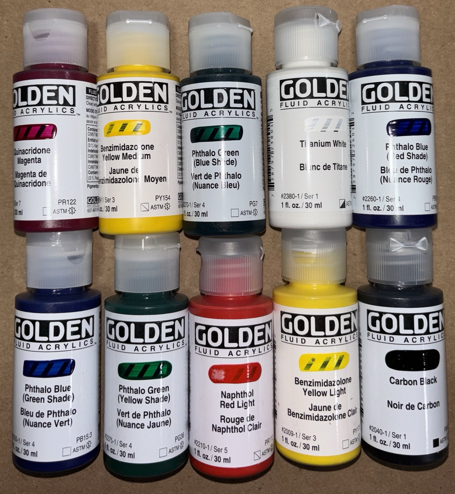 Golden Fluid Set of 10 Mixing Artist Acrylics 30ml Color Paint Bottles NEW Art
