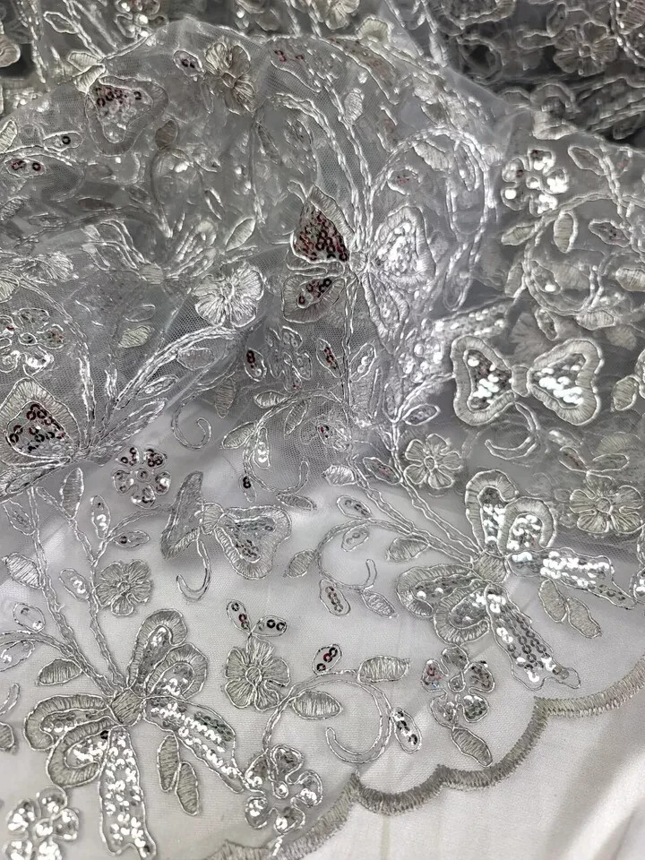 “Silver Sequin and Butterfly Embroidered Lace Fabric – Sold by the Yard