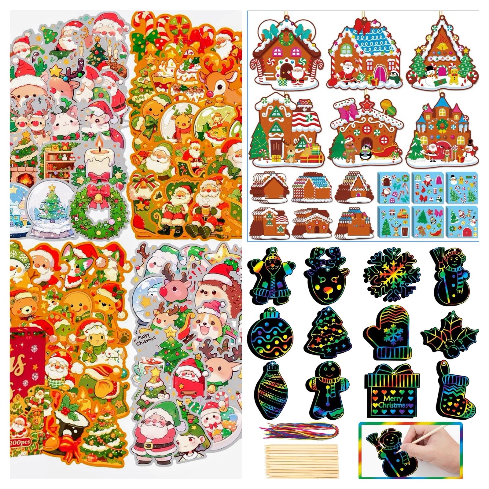 284pc Christmas Kid Craft Kits 48 Scratch Art 200 Stickers 36 Gingerbread Houses