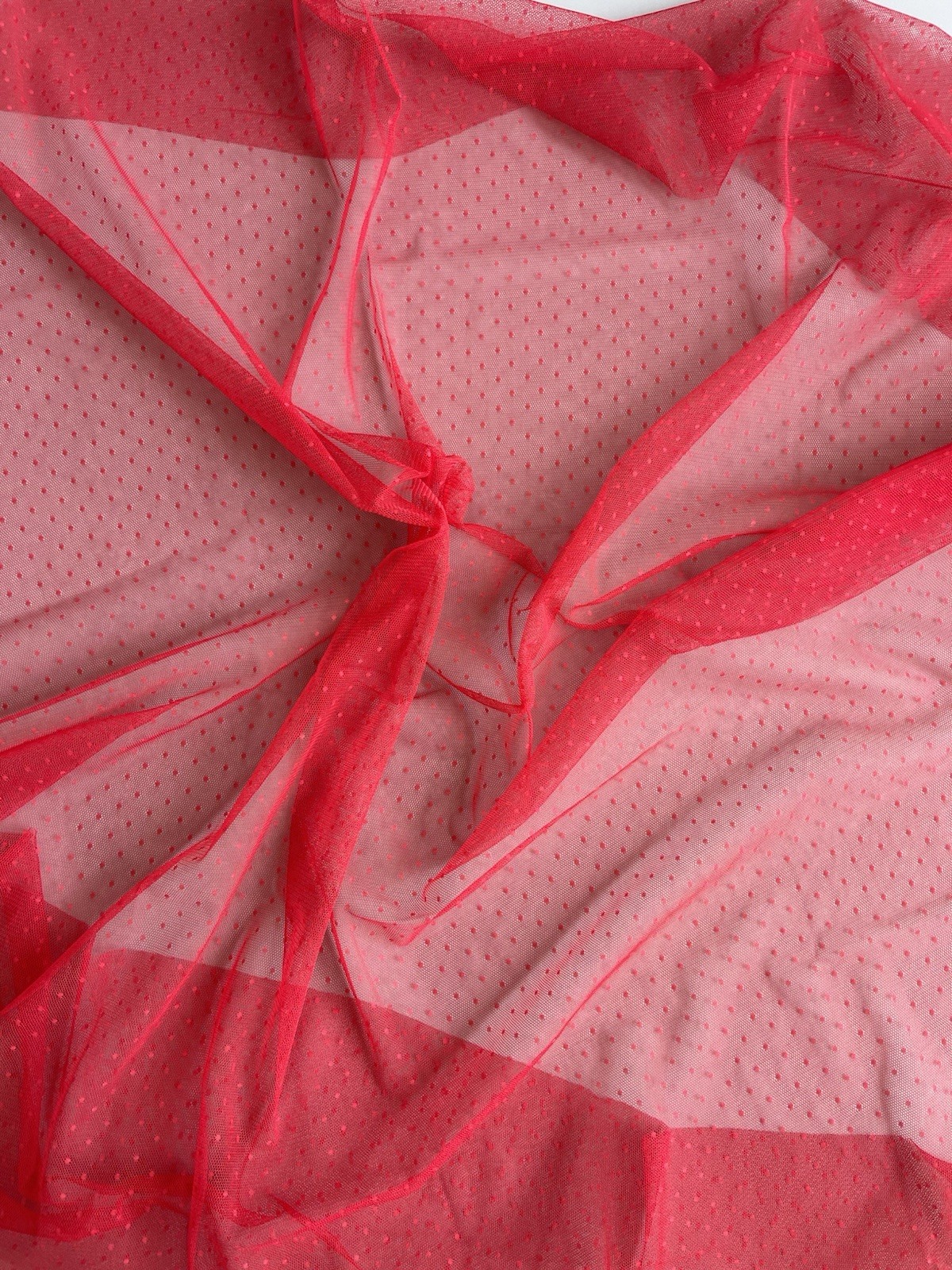 Red Dotted Mesh Fabric Remnant 39×49 Sheer Tulle Flocked Dot Sewing Craft