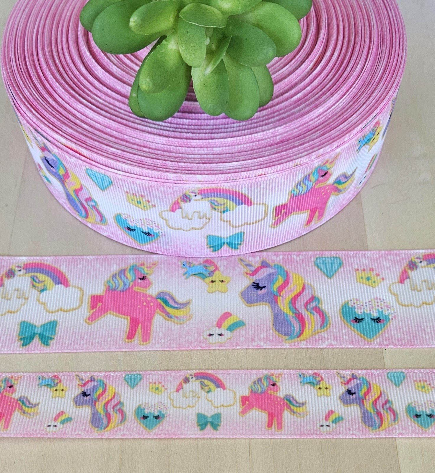 7/8 & 1.5″ (1 YD) Unicorn Grosgrain Ribbon Rainbows Stars Clouds Hearts Hair Bow