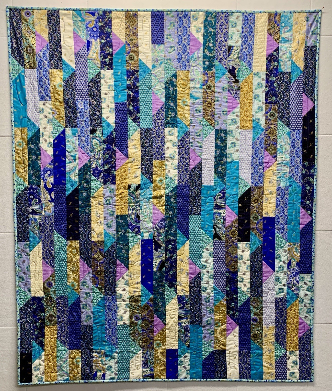 Migration II Quilt – Royal Blues, Greens and Lavenders with Metallic Gold- (109)