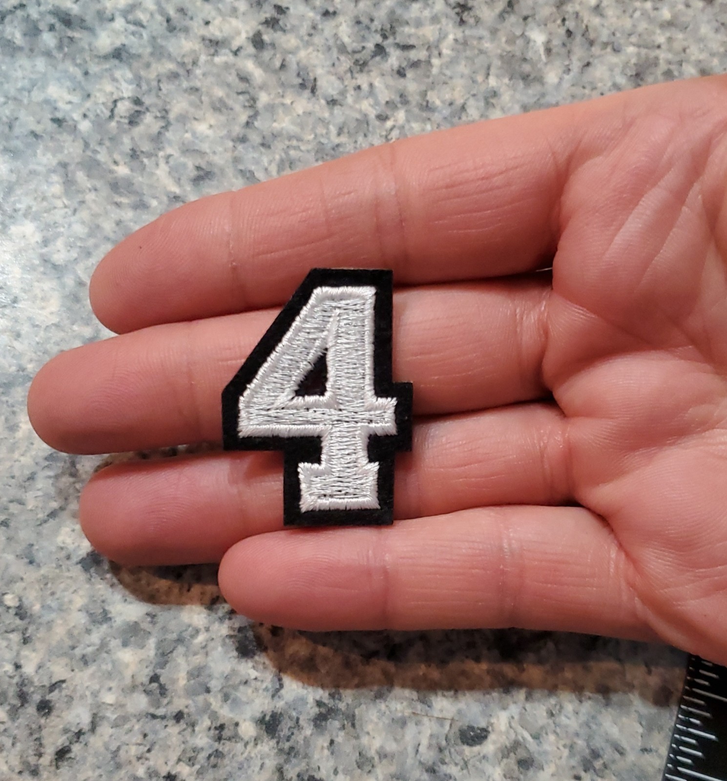 Number 4 Patch. White With Black border. Embroidered. Iron On. 1″x1.5″