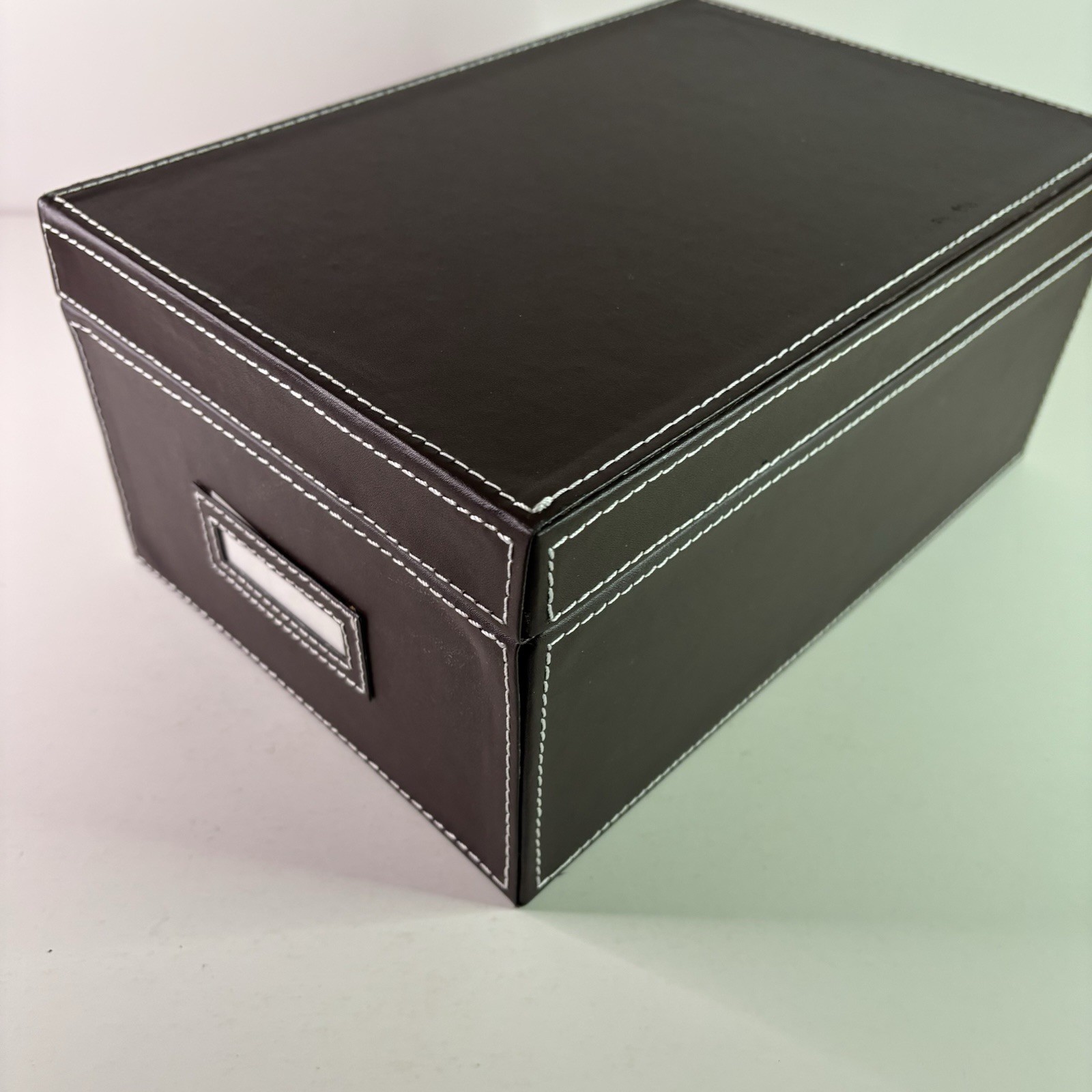 Photo Storage Organizer Box w/ Cases. Faux Brown Leather, Clear Cases with label
