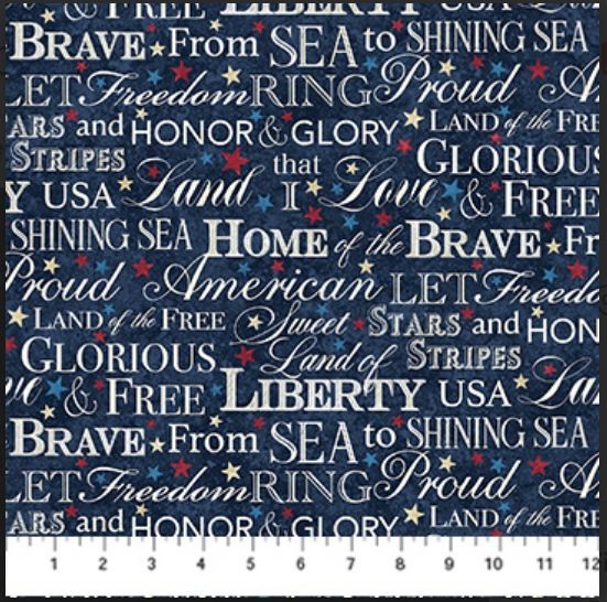 Cotton Stars and Stripes Patriotic Words USA Navy Fabric Print by Yard D305.70