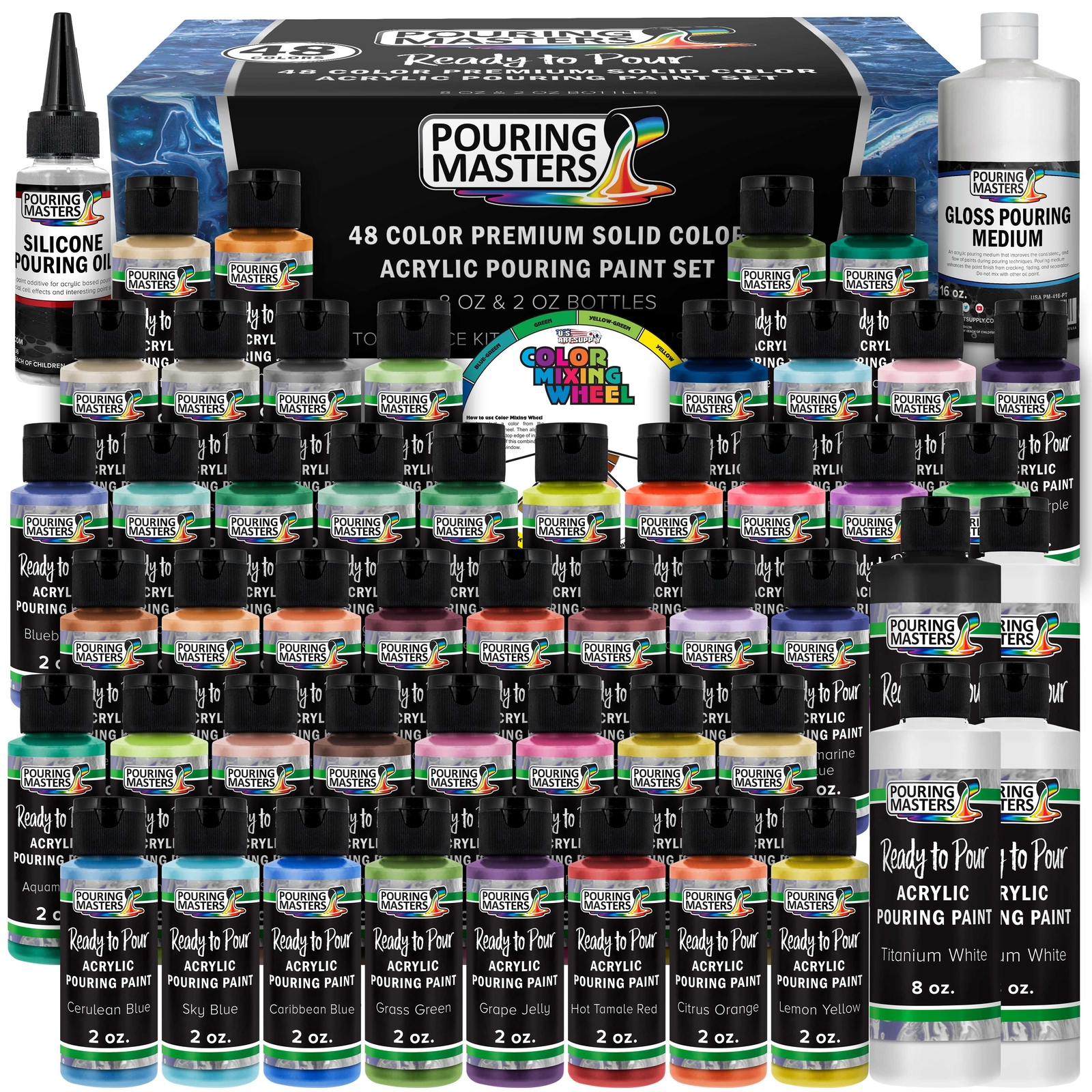 48-Color Ready to Pour Acrylic Pouring Paint Set – Silicone Oil & Gloss Medium