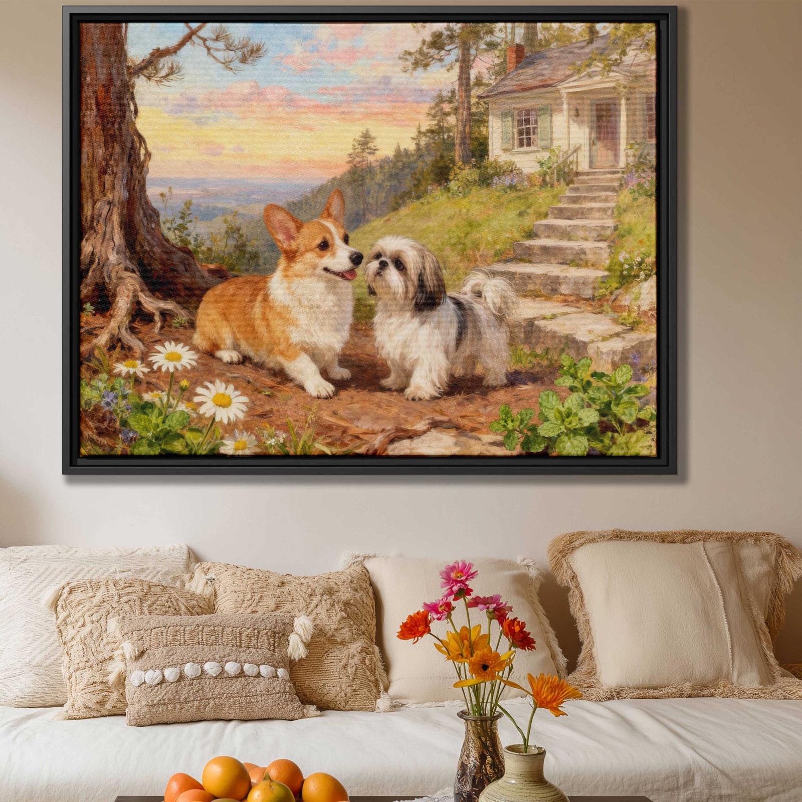 Rustic Oil Painting Canvas Wall Art of Corgi Shih Tzu Dog for Home Decor