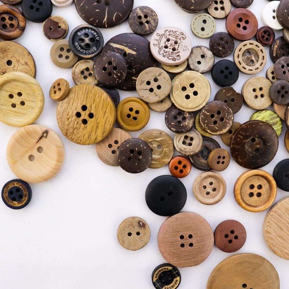 600PCS Mixed Color Wooden Coconut Shell Buttons – Assorted Sizes for DIY Craft
