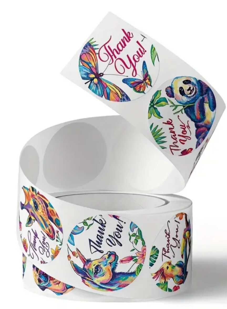 500 pcs Sticker Roll Vibrant Animal Thank You Designs Semi Gloss Self Adhesive