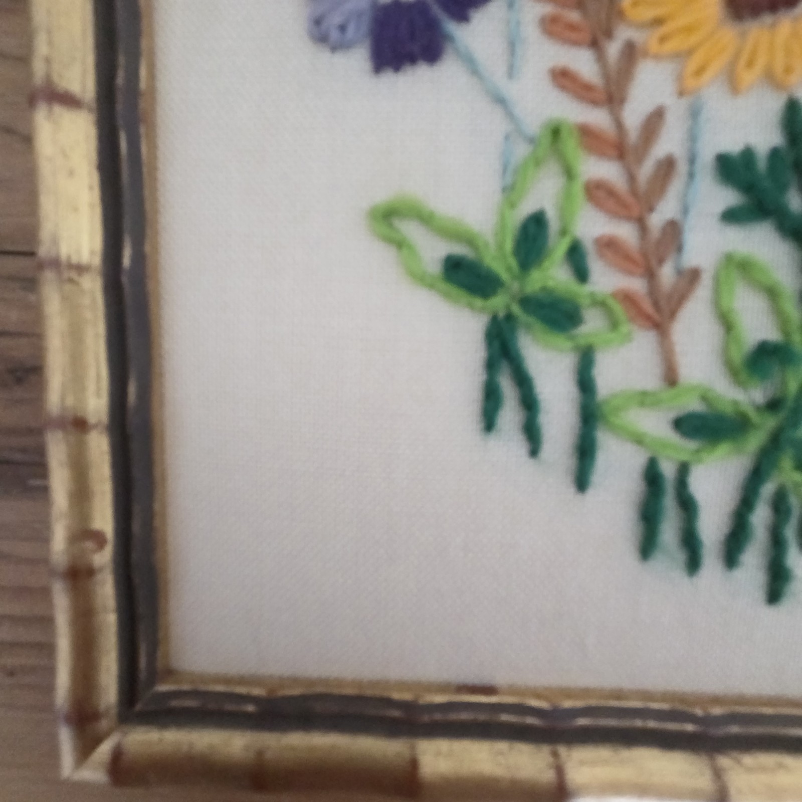 VTG Crewel Embroidery Wall Art Pair Flowers Faux Bamboo Gold Frame Grannycore