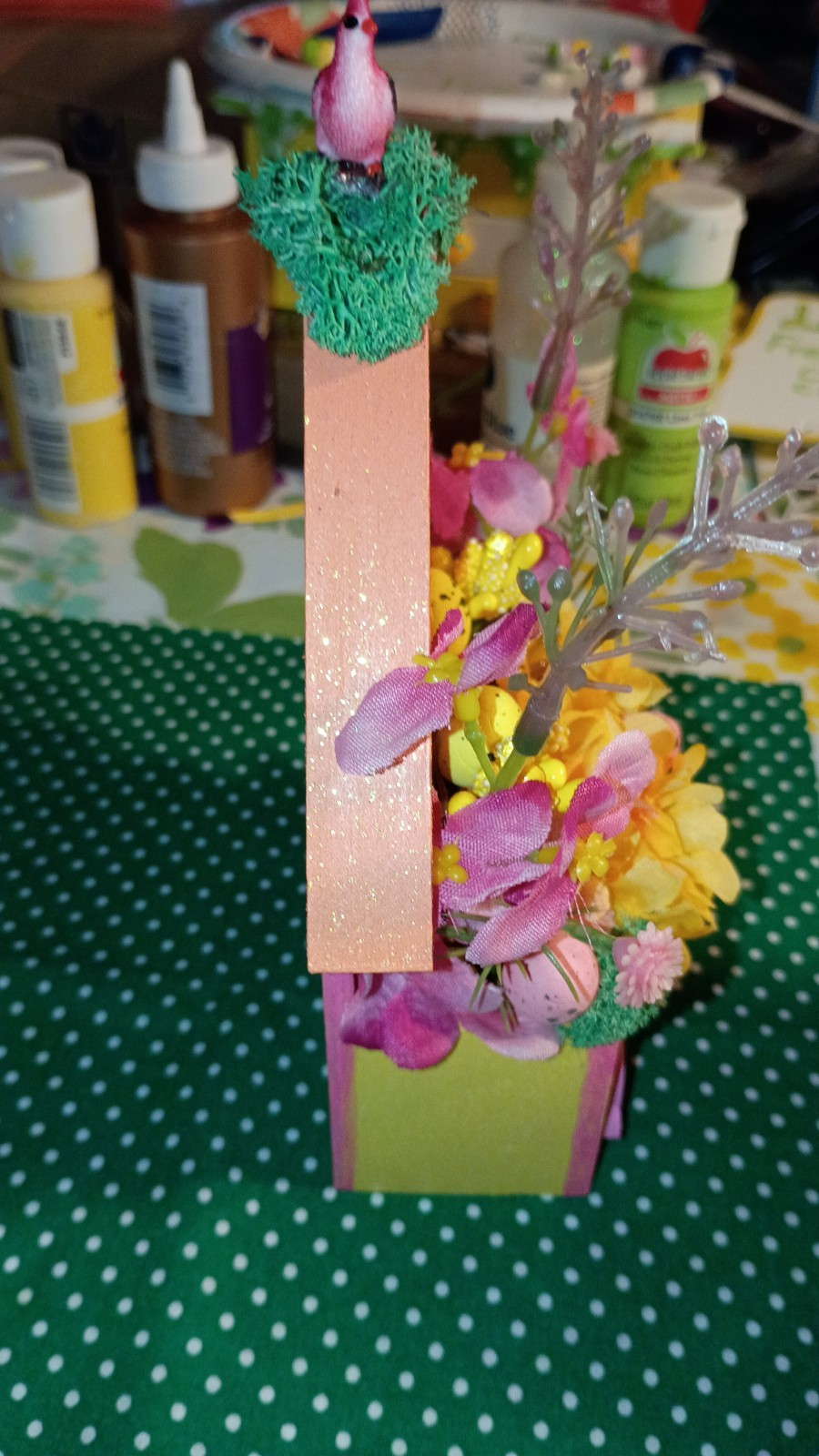 Handmade Easter/Spring Birdhouse Floral Table Decor w/ Bunnies, Eggs & Bird