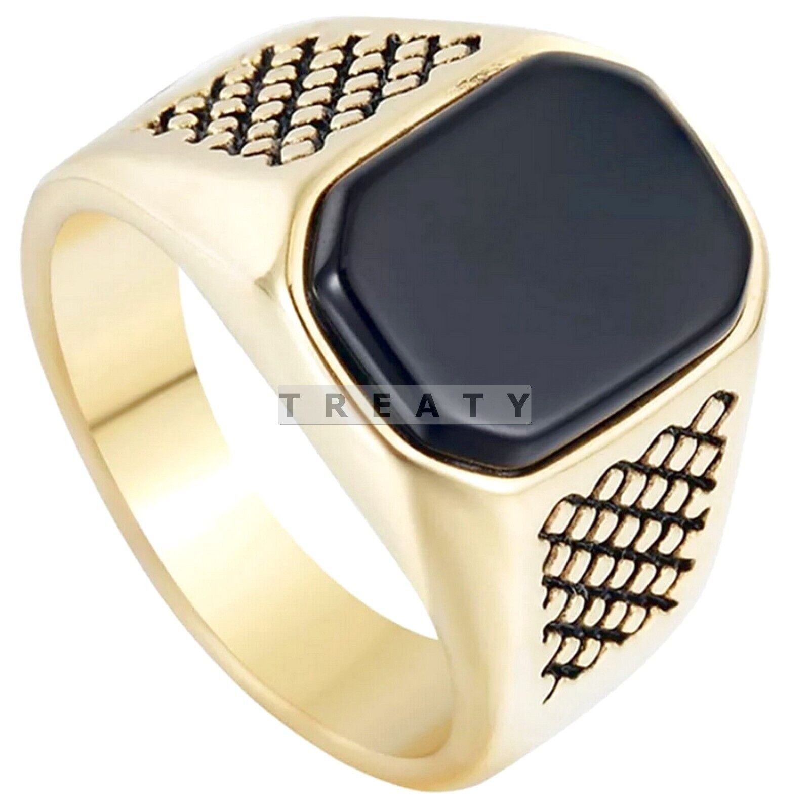 Black Onyx Emerald Cut With 14k Yellow Gold Ring For Men’s #B872
