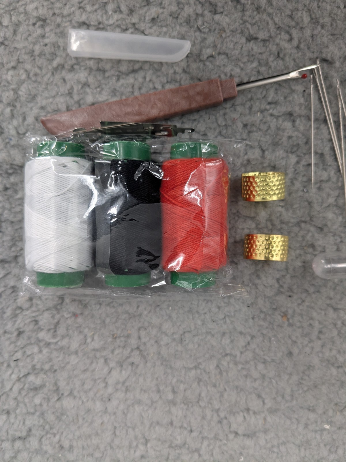 Sewing Tool Set, Needles Thread, Hand Repair, Thimble, Red, White, Black Thread