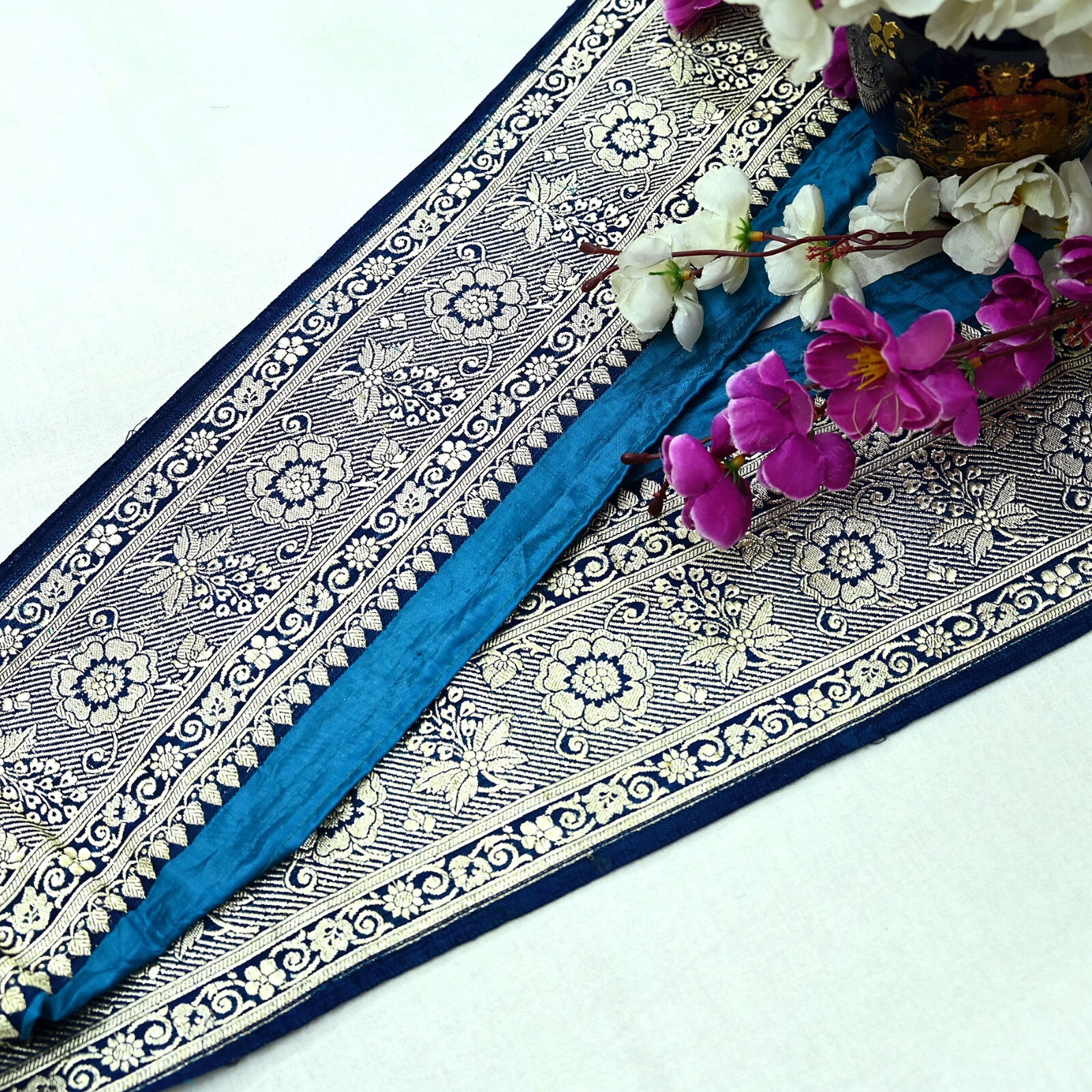 Indian Vintage Blue Sari Border Woven Banarasi 1yd Trim Craft Sewing Recycled