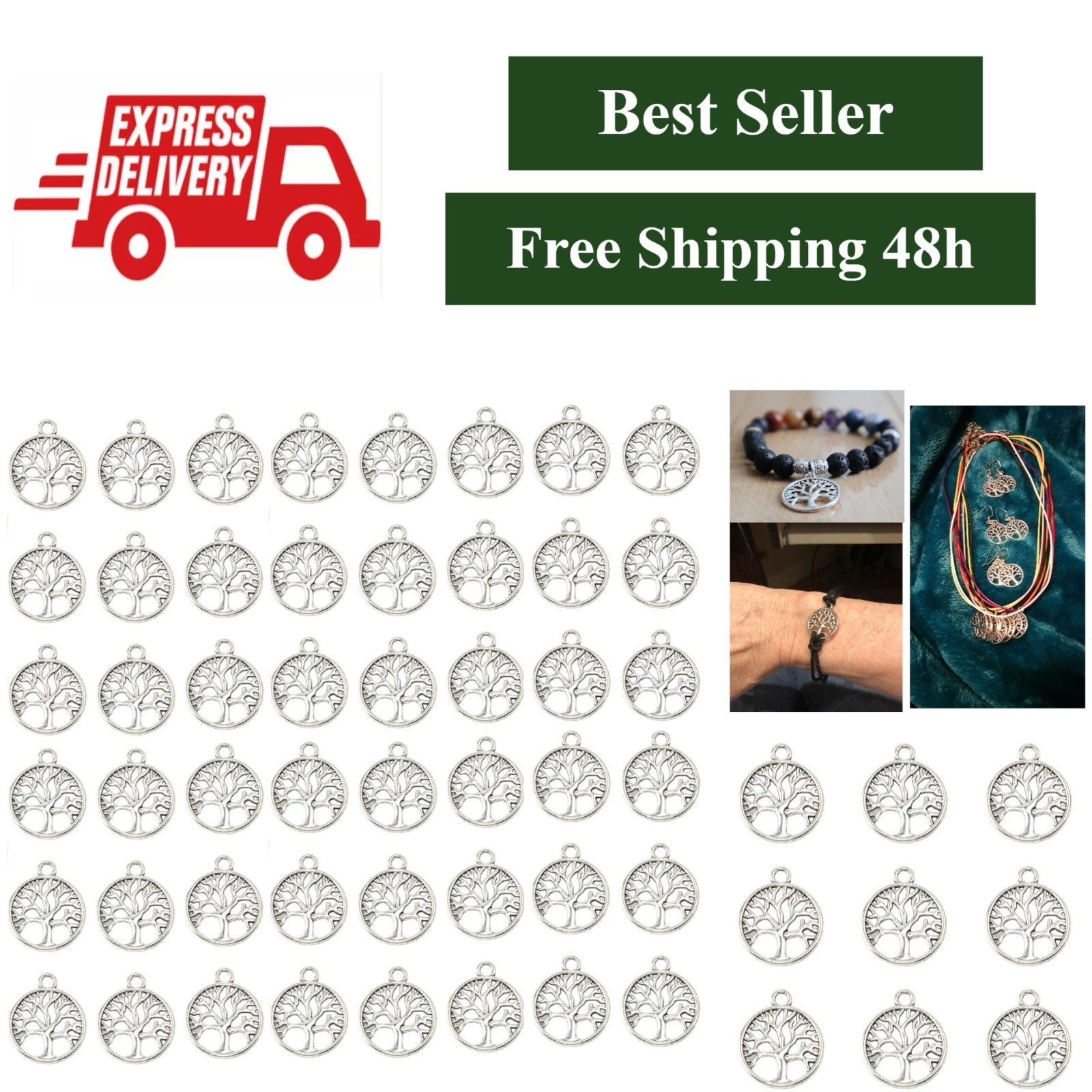50 Tibetan Tree of Life Charms – Silver Metal DIY Jewelry Making