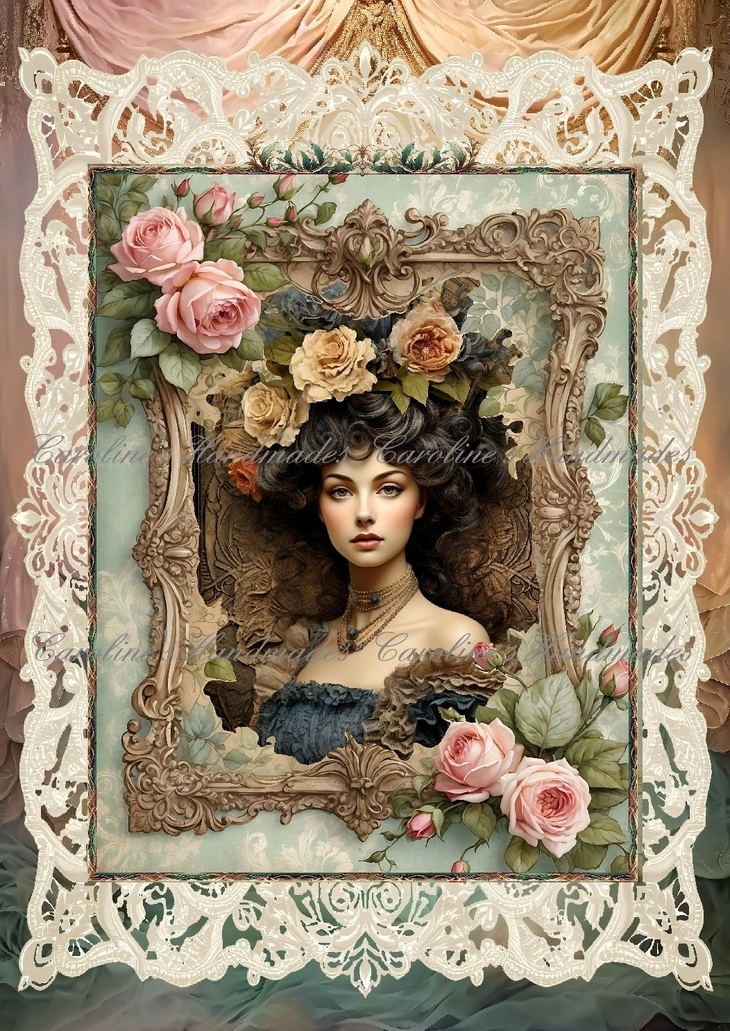 Beautiful Victorian Lady Roses & Lace A Cotton Fabric Quilt Block Multi Size