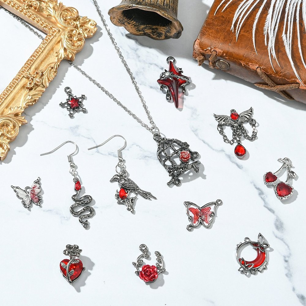 12pcs Mixed Gothic Rhinestone Pendants Red Crystal Rose Heart Butterfly Charms