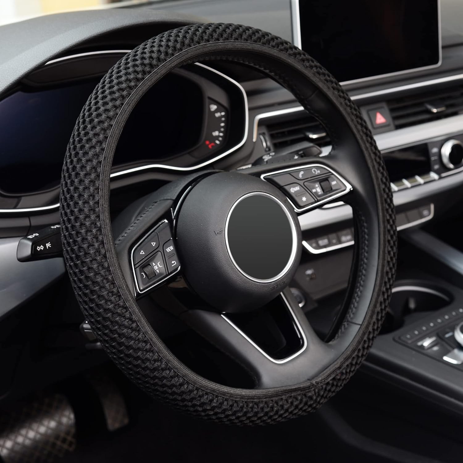 KAFEEK 15″ Elastic Steering Wheel Cover Microfiber Anti-Slip Black Universal