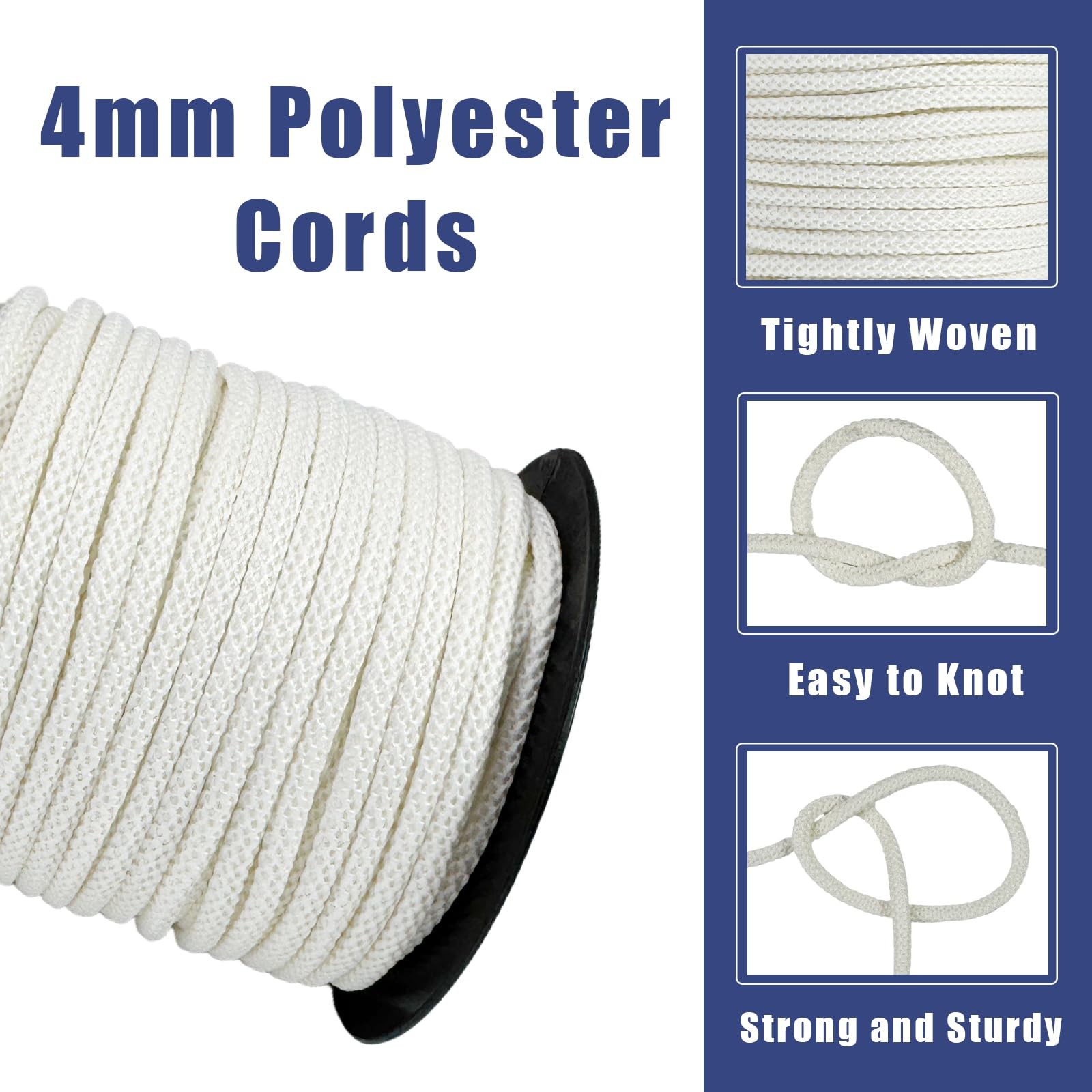 5/32 inch White Polyester Cord-4mm Braided Macrame Rope-99ft-Soft Low Elastic…