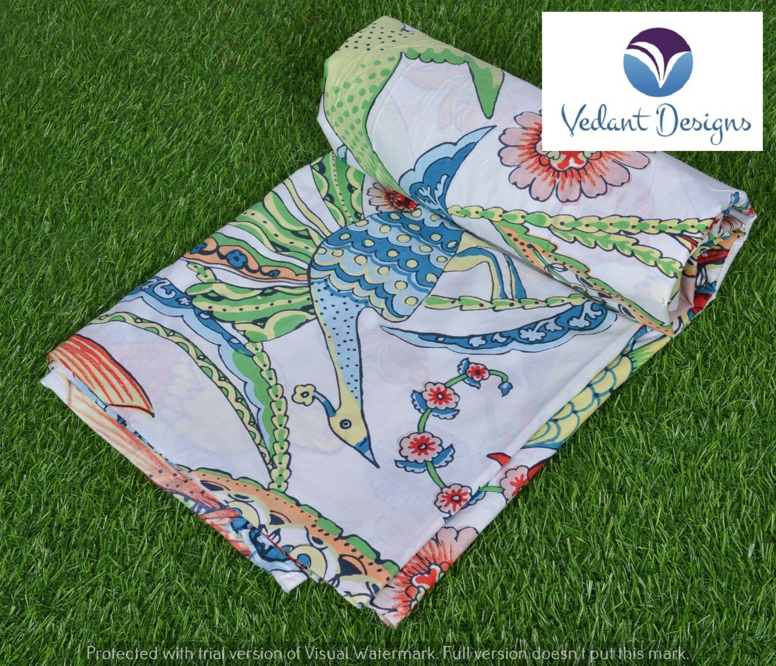 5 Yard Indian Hand Block Cotton White Floral Print Handcrafted Fabric