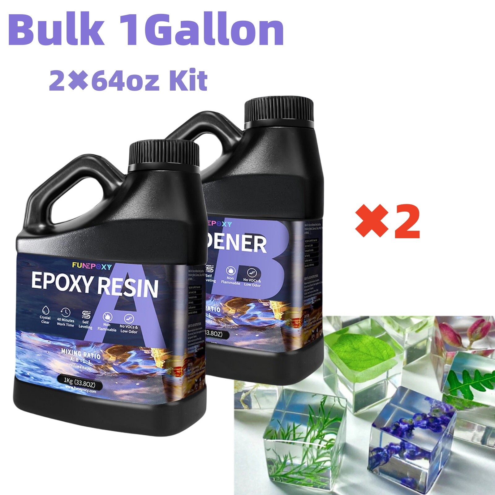 Crystal Clear Bulk 1 Gallon Kit Epoxy Resin No Bubble easy mixing – (2X 64OZ)