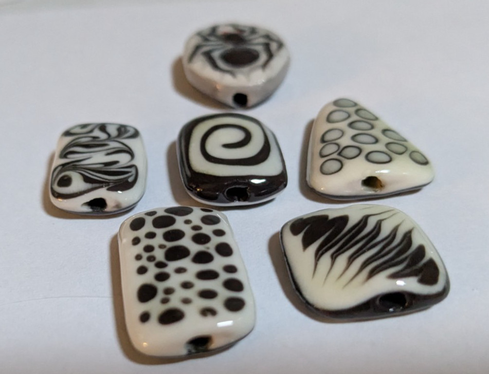 Lot of 6 Handmade Reversible Black & White Beads, w/Designs & Focal Spider Bead