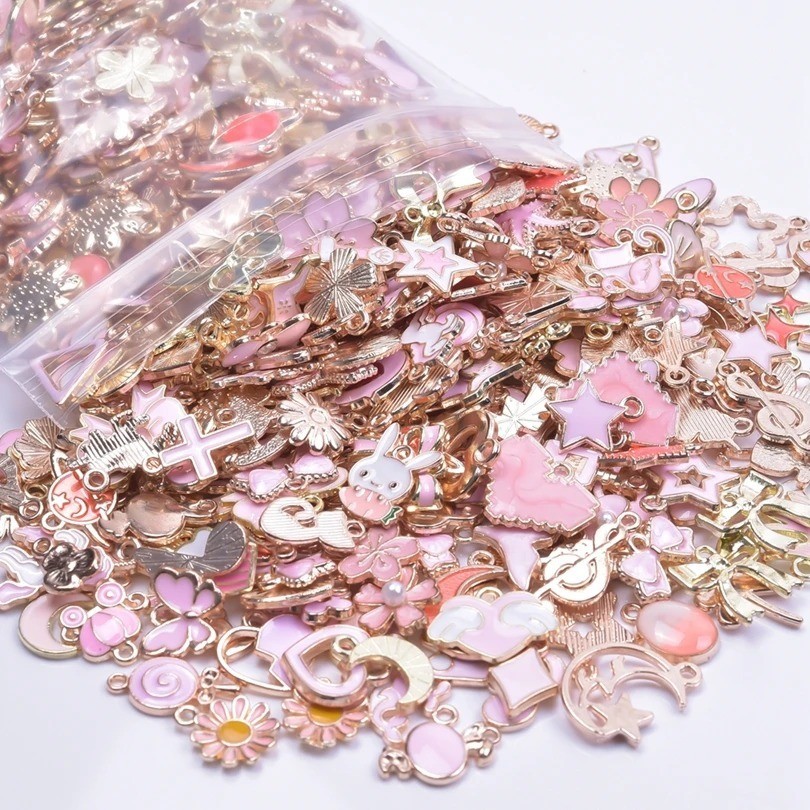 50pcs Pink Enamel Charms Mixed Animal Heart Flower Moon DIY Jewelry