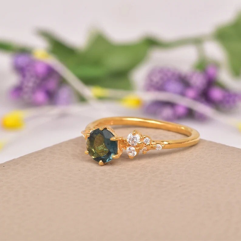 Gold Plated Green Blue Sapphire Ring | Vintage Style Round Cut Gemstone Ring