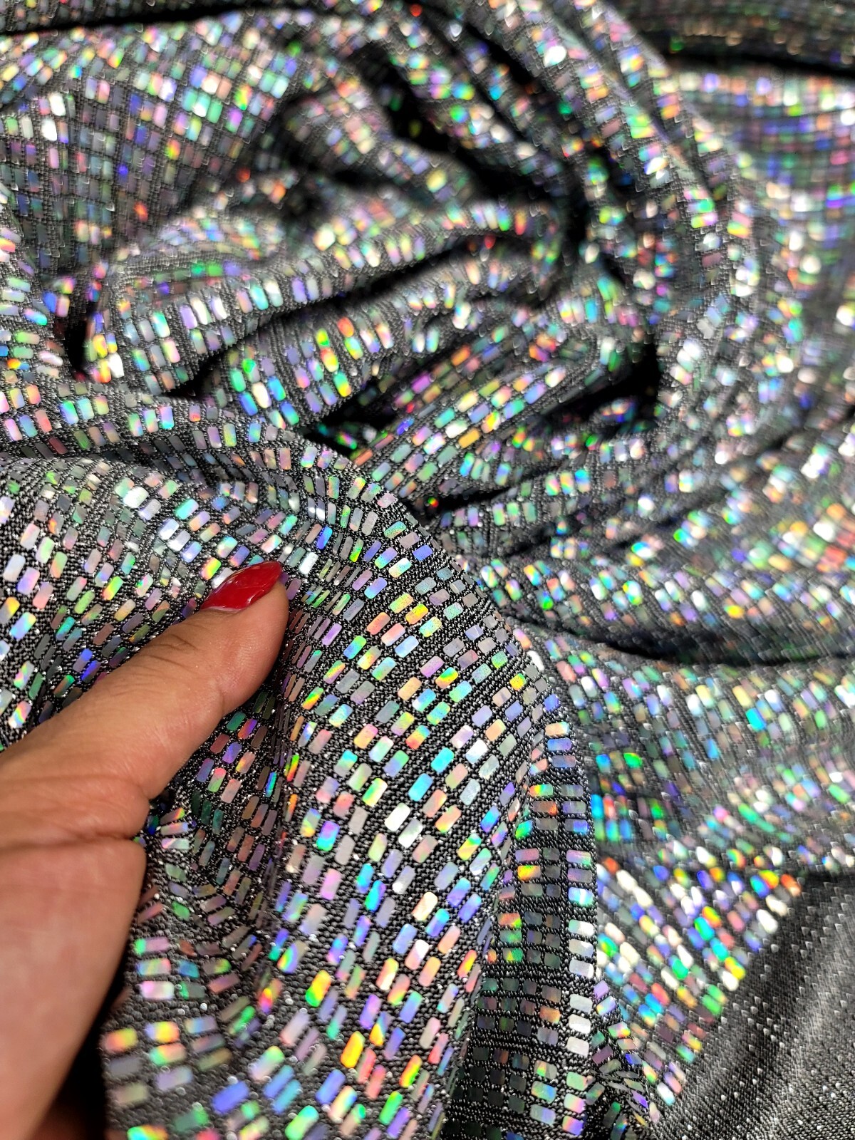 Iridescent Hologram Silver Rectangle Sequins Spandex Mermaid Stretch Fabric BTY