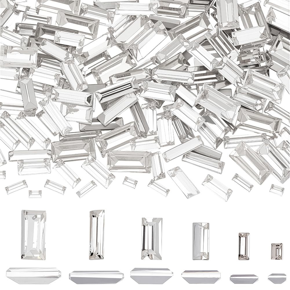 180 Pcs Mini Clear Pointed Back Rhinestone 6Sizes Rectangle Faceted Glass Rhines