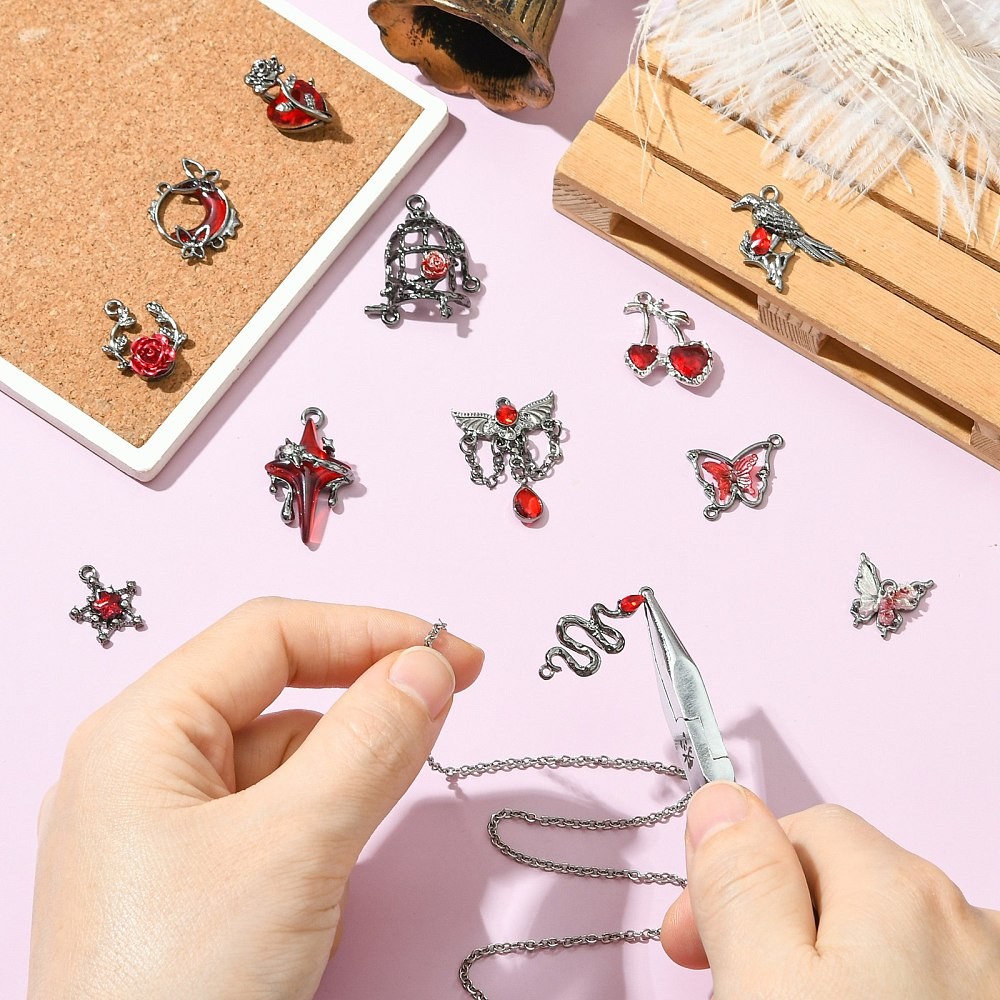 12pcs Mixed Gothic Rhinestone Pendants Red Crystal Rose Heart Butterfly Charms