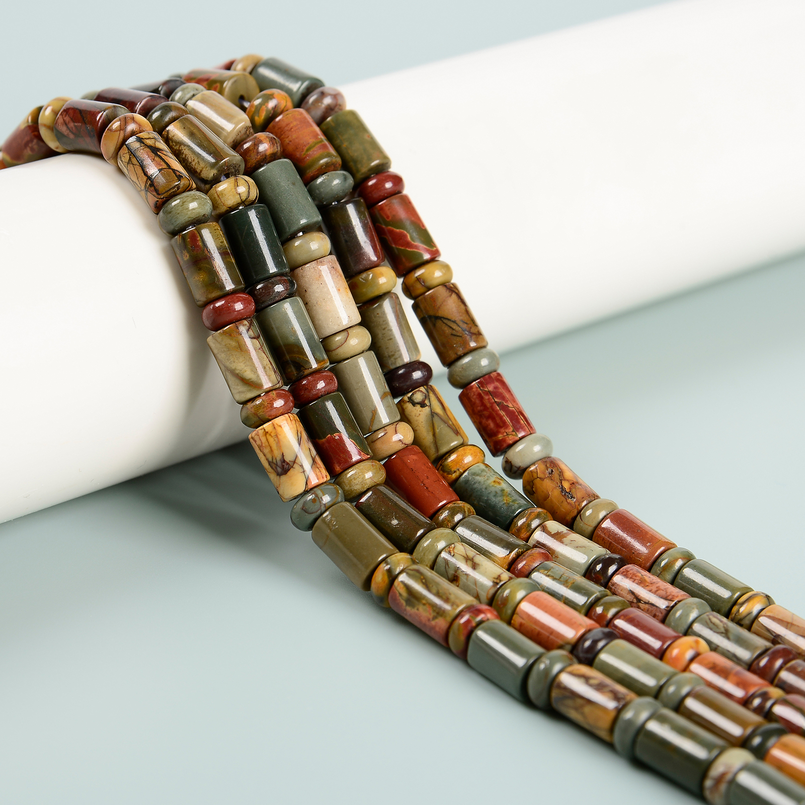 Natural Red Creek Jasper Cylinder Tube with Rondelle Beads 6x9mm 15.5” Strand