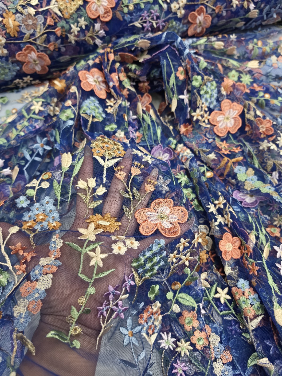 Royal Blue Lace Fabric Sold By The Yard Multicolor Embroidery 3d Floral