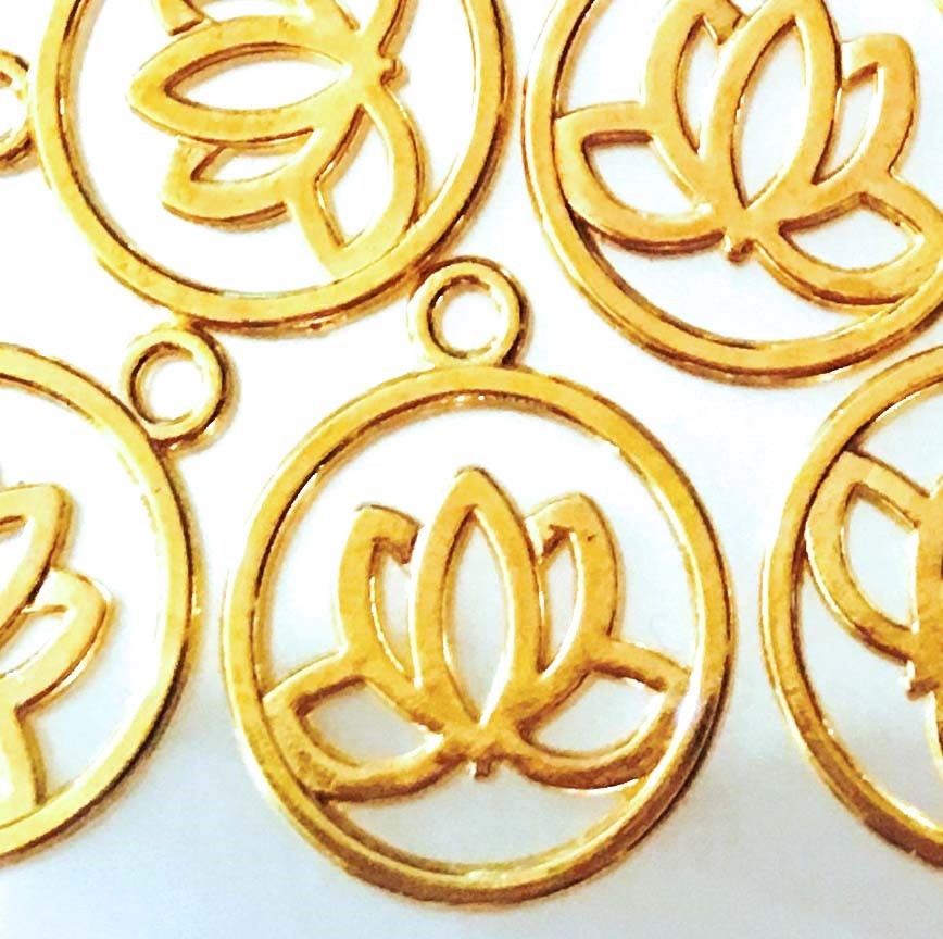 8 Lotus Flower Charms Gold Plated Pewter Filigree Water Lily Charm Yoga 24x20mm