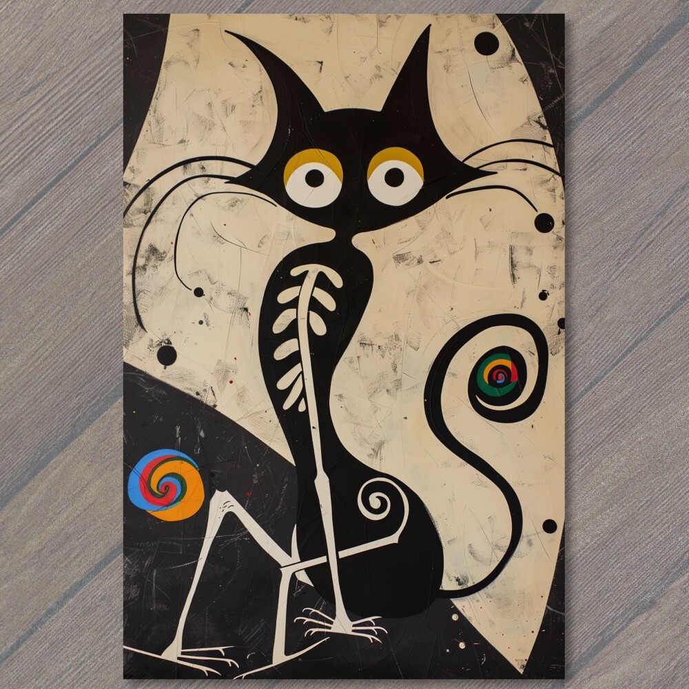 STICKER Cat Surreal Skeleton Black Cubist Abstract Art Spiral Eyes Minimalist