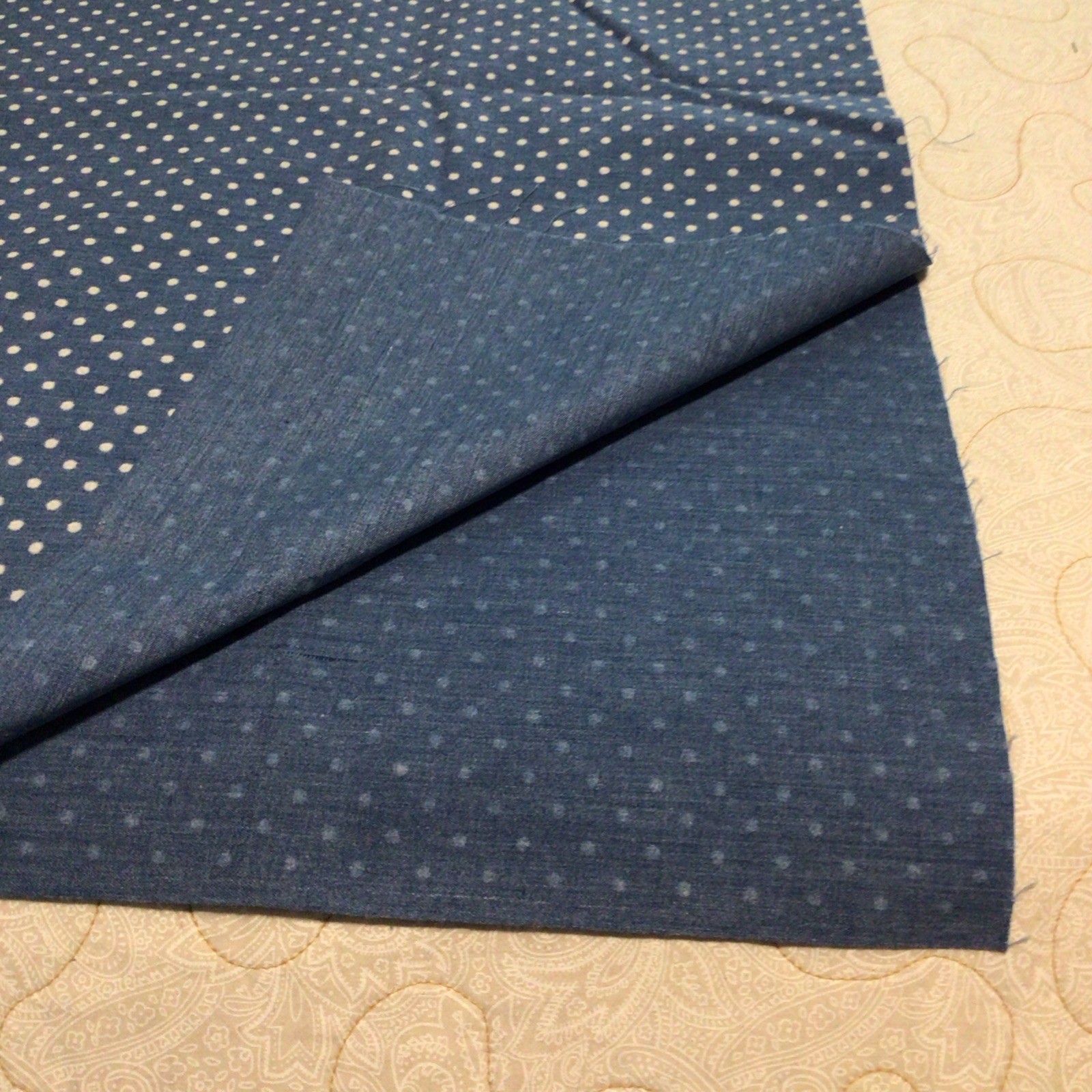 Blue Cotton Fabric Flocked Dot Medium Blue W/ White 45” Wd X 1.75 Yds Sew It