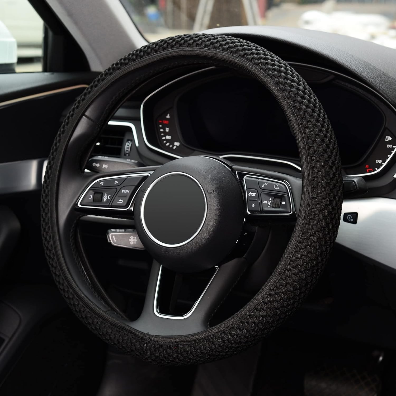 KAFEEK 15″ Elastic Steering Wheel Cover Microfiber Anti-Slip Black Universal