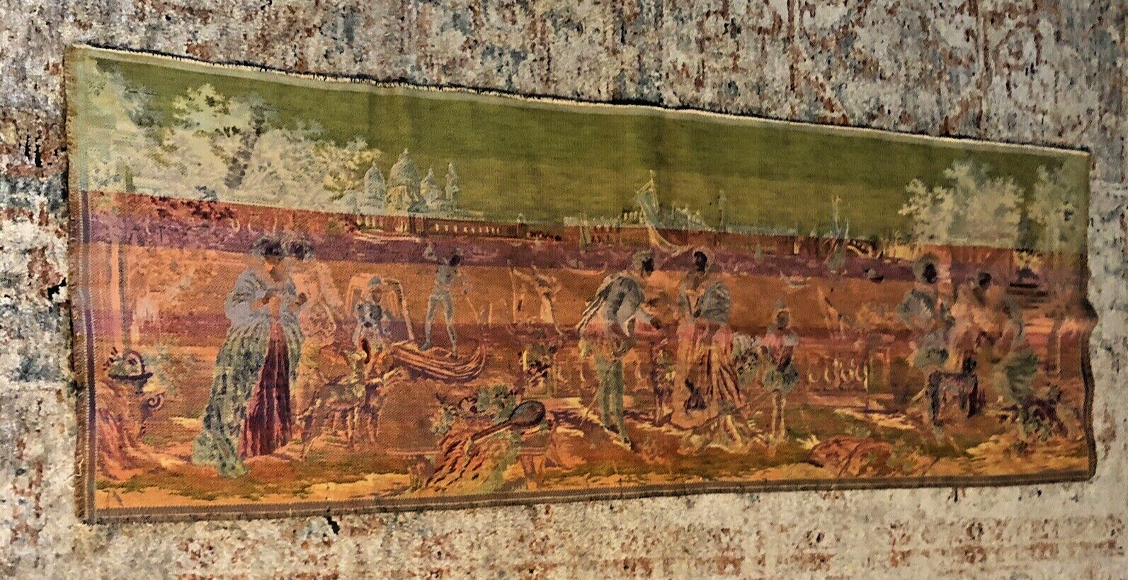 Vintage Tapestry Runner Old World Courting & Boating Scene 19″x 56″ Long