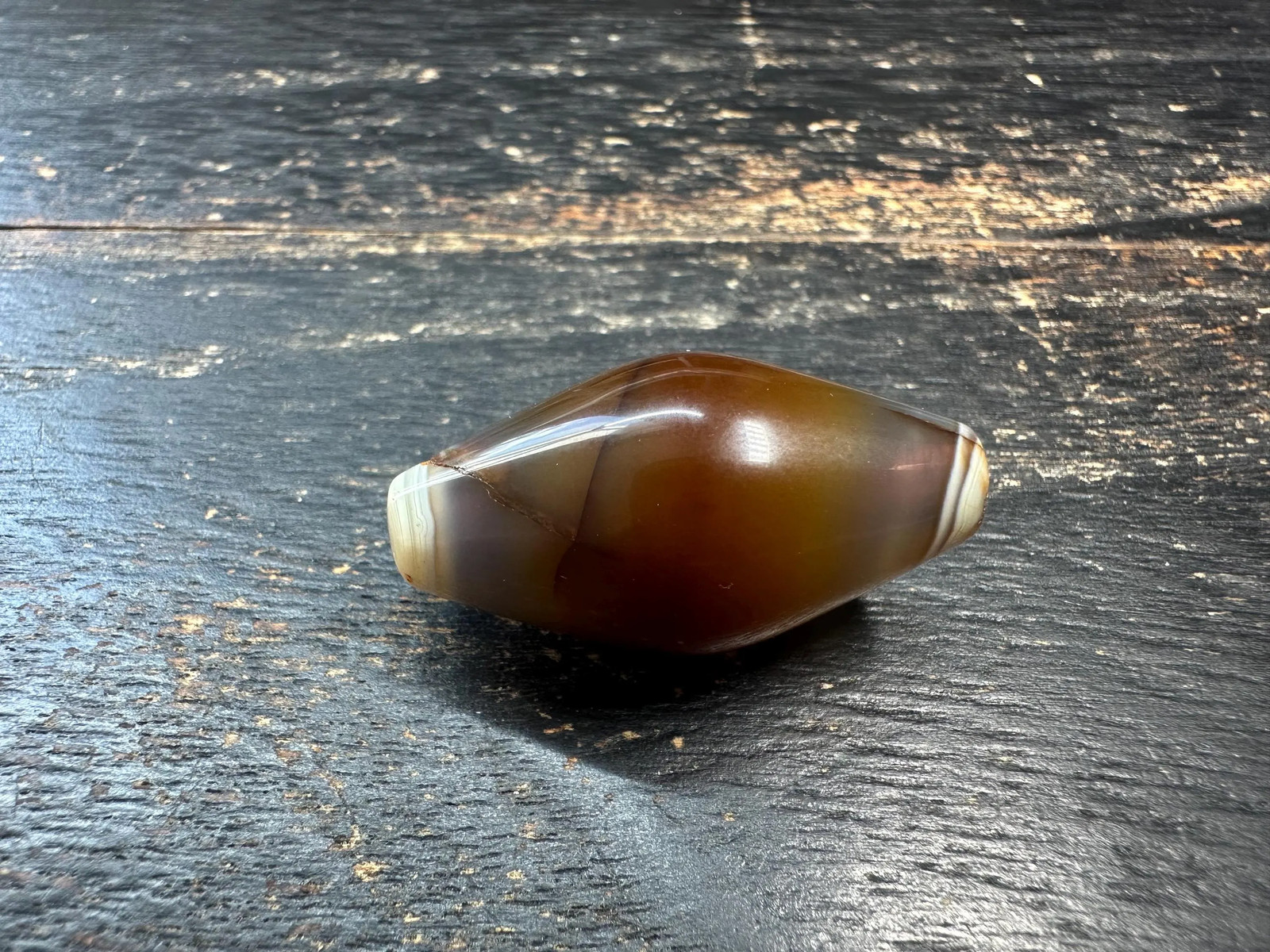 Natural Brown Banded Agate Olive Bead – Polished Vintage Focal Gemstone