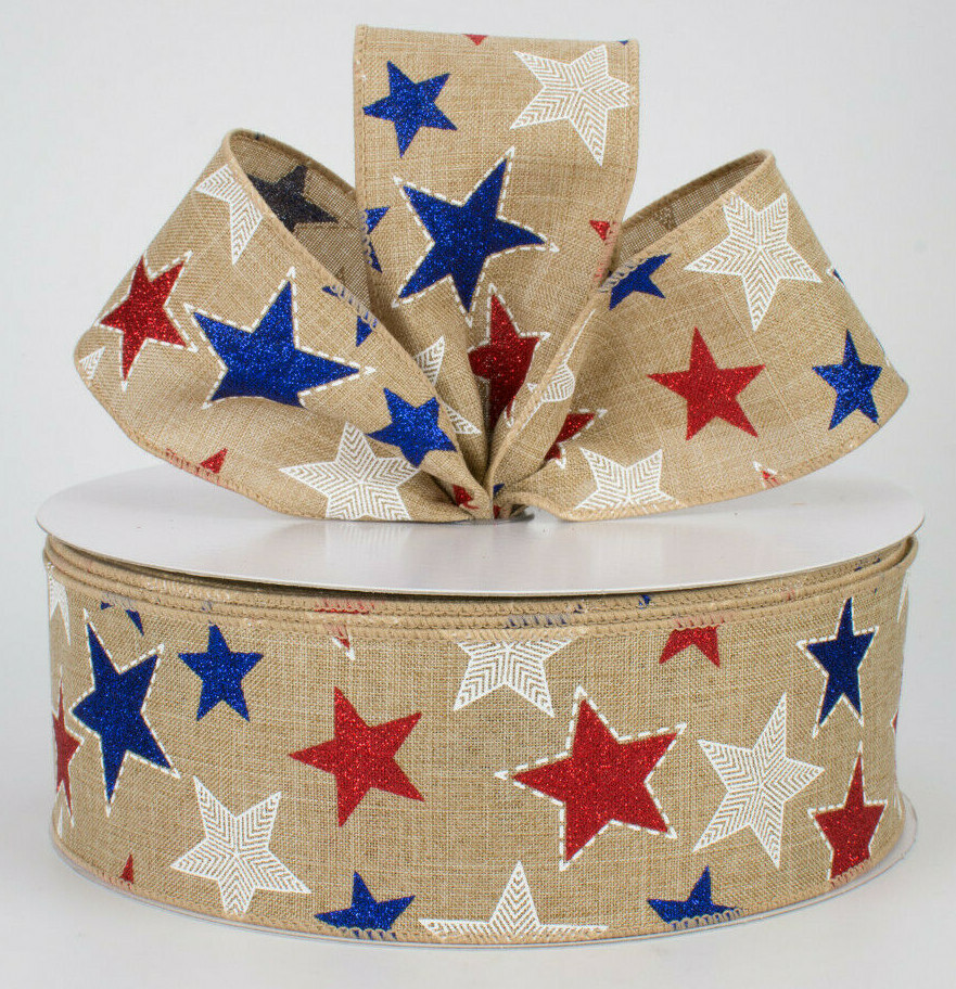 1.5″/2.5″ wired ribbon Patriotic glitter red white blue stars 5yds CHOOSE WIDTH