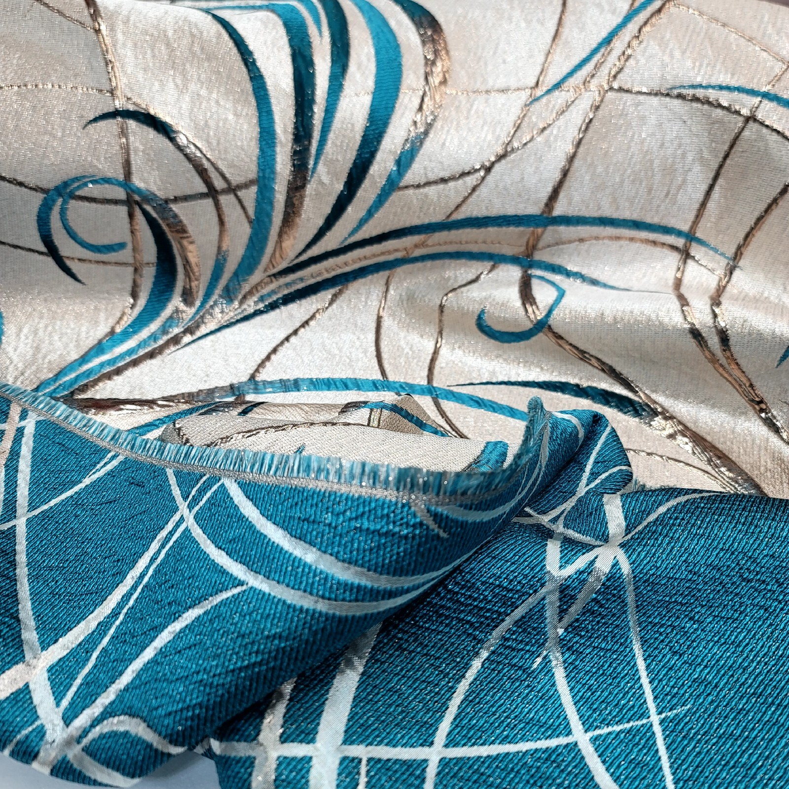 Fabric By The Yard Teal Brocade Swirls Royalty Metallic On Beige Jacquard