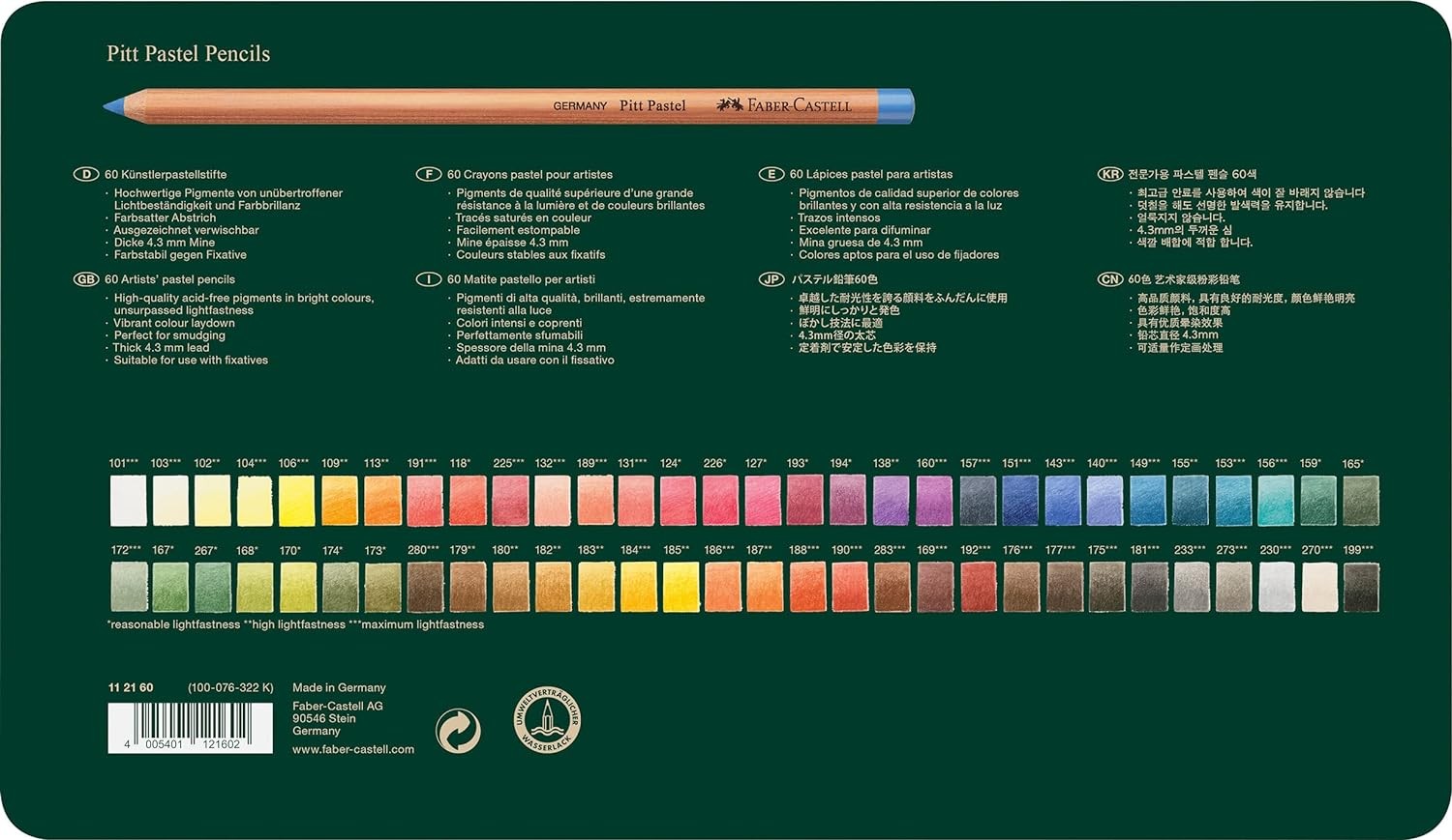 Faber-Castell 60-Piece Pitt Pastel Pencils in A Metal Tin