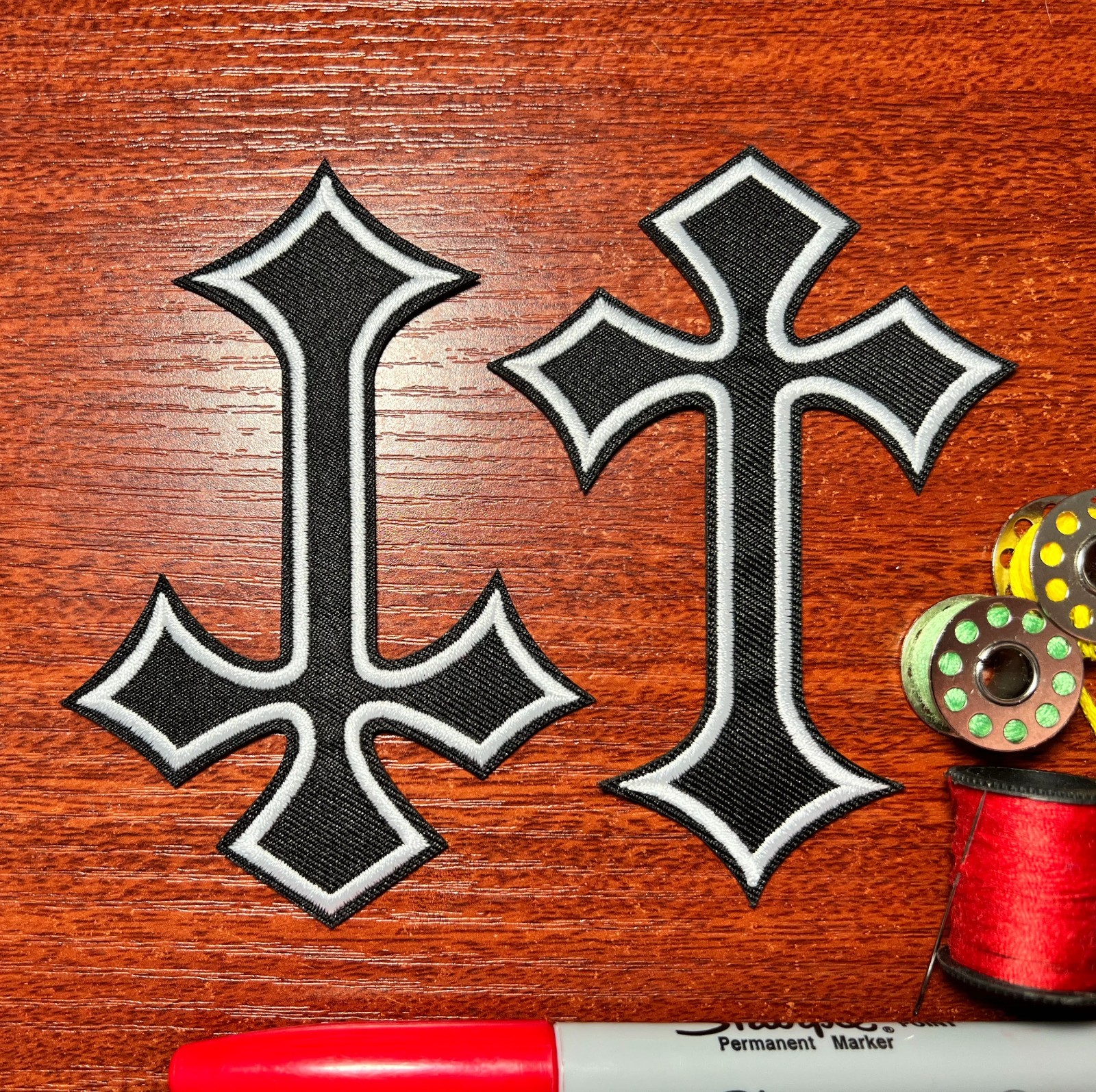 Cross Patch Black White 2 Pieces Religious Symbols Embroidered Iron On 4.25×3″